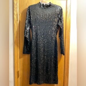 Women’s Vintage Sho Max Originals Black Sequin Long Sleeve Midi Dress Peep Open